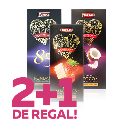 2+1 de Regalo Chocolates Zero Torras (85%, Blanco Fresa, Negro Coco)