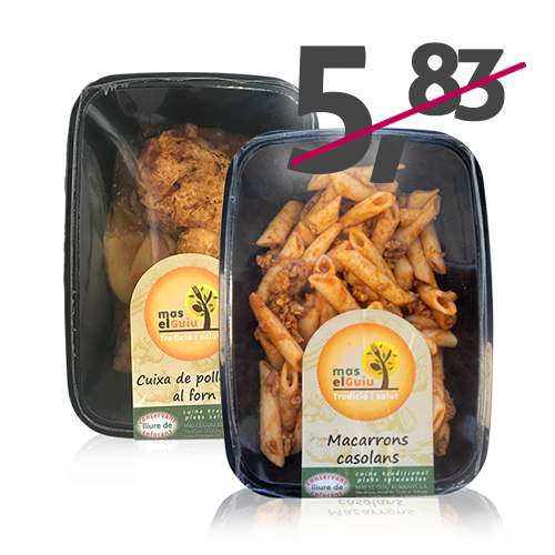 Pack Muslo de Pollo horno (250 g) + Macarrones Caseros (250 g) Mas el Guiu al 50%