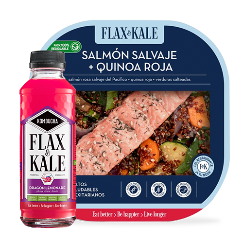 Pack salmón con quinoa + kombucha dragon lemonade flax & kale Fruta y