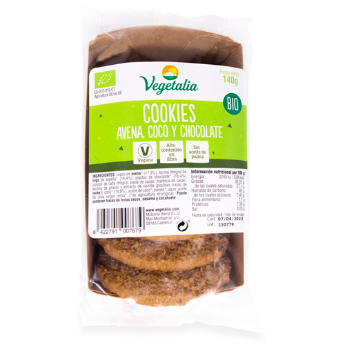 Cookies de Civada, Coco i Xocolata Bio (140g) Vegetalia 