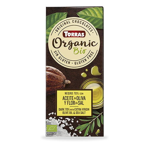 Xocolata Orgànic Negre 70% Cacau amb oli d'oliva i flor de sal (100 g) Torras