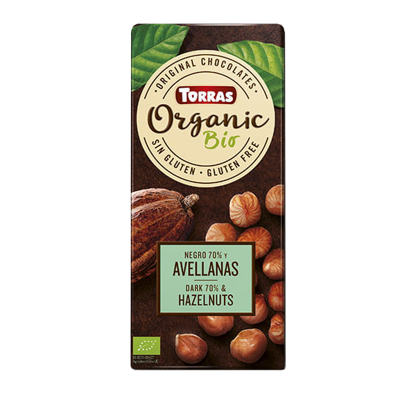 Chocolate Orgánic Negra 70% Cacao con Avellanas 100g Torras
