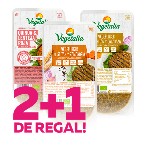 2+1 de Regalo Vegeburguer (quinoa y lenteja roja, seitan y zanahoria, seitan y calabaza)