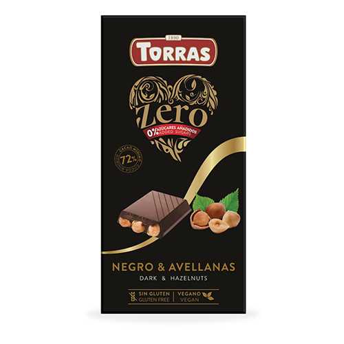 Xocolata Zero Negra 72% amb Avellanes de Reus 150g Torras